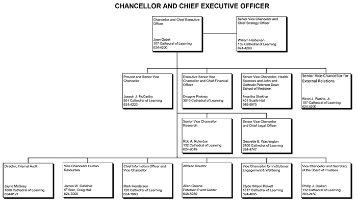 Chancellor and Chief Executive Officer organizational flowchart; text included below.